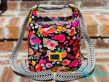 Load image into Gallery viewer, The Mini Krystal Convertible Handbag in Black Floral and Yellow Marine Vinyl