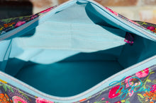 Load image into Gallery viewer, The Krystal Convertible Handbag in Grey Floral w/ Turquoise Marine Vinyl
