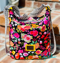 Load image into Gallery viewer, The Mini Krystal Convertible Handbag in Black Floral and Yellow Marine Vinyl