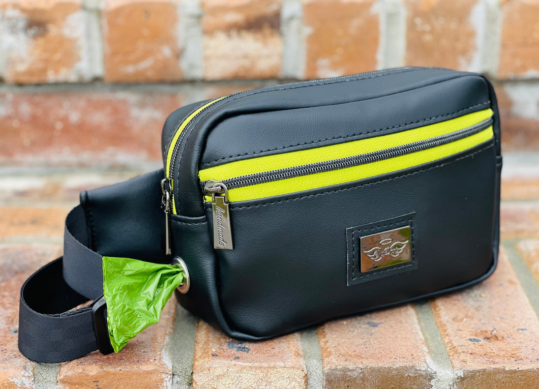 The Joey Dog Walking Bag in Black w/lime green lining