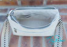 Load image into Gallery viewer, The Mini Beanie Baguette Handbag in Textured Off White Marine Vinyl w/Blk&amp;Wht Webbing
