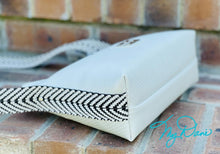 Load image into Gallery viewer, The Mini Beanie Baguette Handbag in Textured Off White Marine Vinyl w/Blk&amp;Wht Webbing
