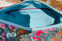 Load image into Gallery viewer, The Krystal Convertible Handbag in Grey Floral w/ Turquoise Marine Vinyl
