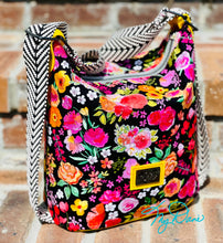 Load image into Gallery viewer, The Mini Krystal Convertible Handbag in Black Floral and Yellow Marine Vinyl
