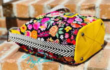 Load image into Gallery viewer, The Mini Krystal Convertible Handbag in Black Floral and Yellow Marine Vinyl
