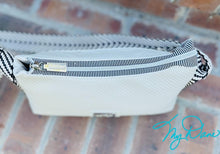 Load image into Gallery viewer, The Mini Beanie Baguette Handbag in Textured Off White Marine Vinyl w/Blk&amp;Wht Webbing
