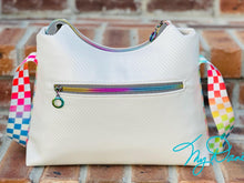 Load image into Gallery viewer, The Beanie Baguette Handbag in textured off white w/racing stripes webbing
