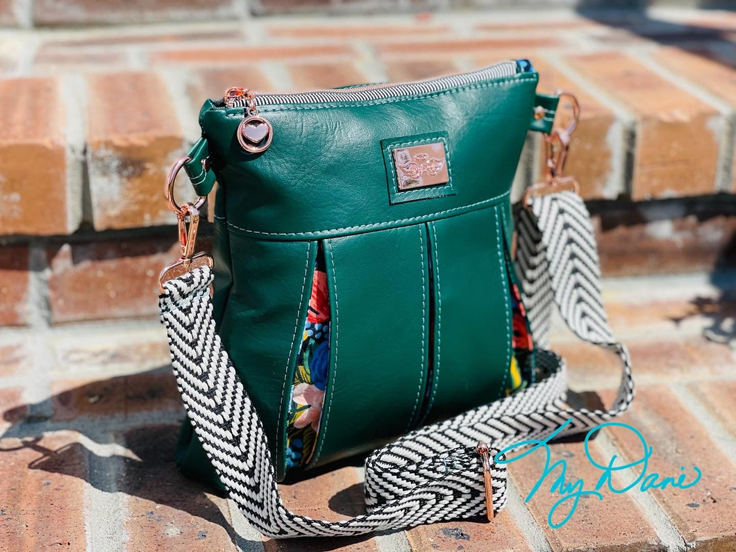 The Ayla Crossbody in Blue Rifle Floral and Green Vinyl