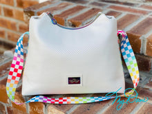 Load image into Gallery viewer, The Beanie Baguette Handbag in textured off white w/racing stripes webbing
