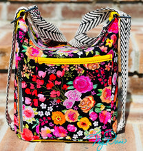 Load image into Gallery viewer, The Mini Krystal Convertible Handbag in Black Floral and Yellow Marine Vinyl
