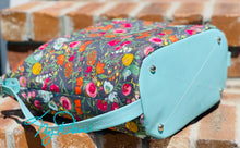Load image into Gallery viewer, The Krystal Convertible Handbag in Grey Floral w/ Turquoise Marine Vinyl
