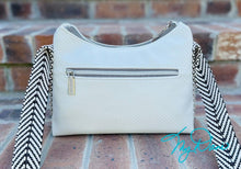 Load image into Gallery viewer, The Mini Beanie Baguette Handbag in Textured Off White Marine Vinyl w/Blk&amp;Wht Webbing

