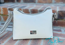 Load image into Gallery viewer, The Mini Beanie Baguette Handbag in Textured Off White Marine Vinyl w/Blk&amp;Wht Webbing
