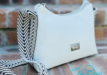 Load image into Gallery viewer, The Mini Beanie Baguette Handbag in Textured Off White Marine Vinyl w/Blk&amp;Wht Webbing
