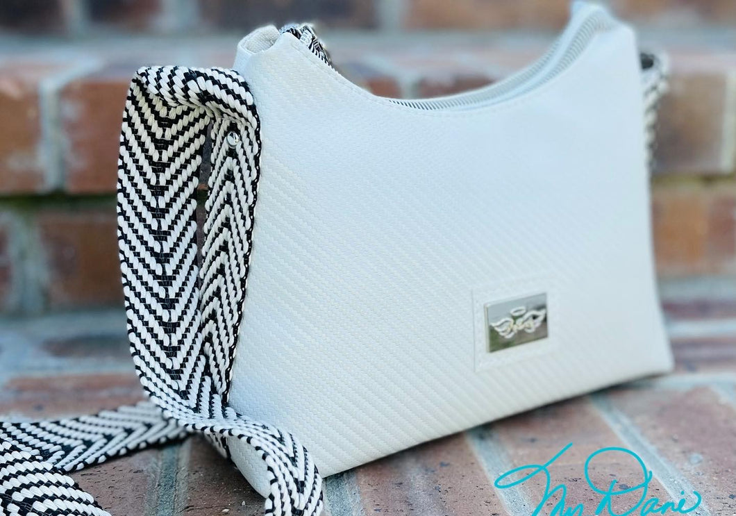 The Mini Beanie Baguette Handbag in Textured Off White Marine Vinyl w/Blk&Wht Webbing