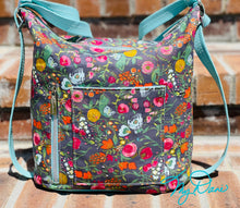 Load image into Gallery viewer, The Krystal Convertible Handbag in Grey Floral w/ Turquoise Marine Vinyl
